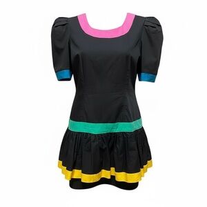Vintage 80s Leslie Lucks Colorblock Fit Flare Mini Party Dress